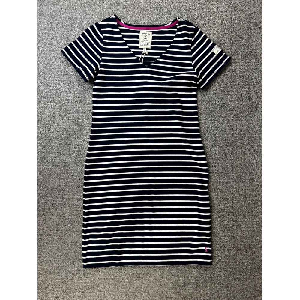 Joules Dress Womens Size US 2 Navy White Striped‎ V-Neck T-Shirt Cotton Nautical